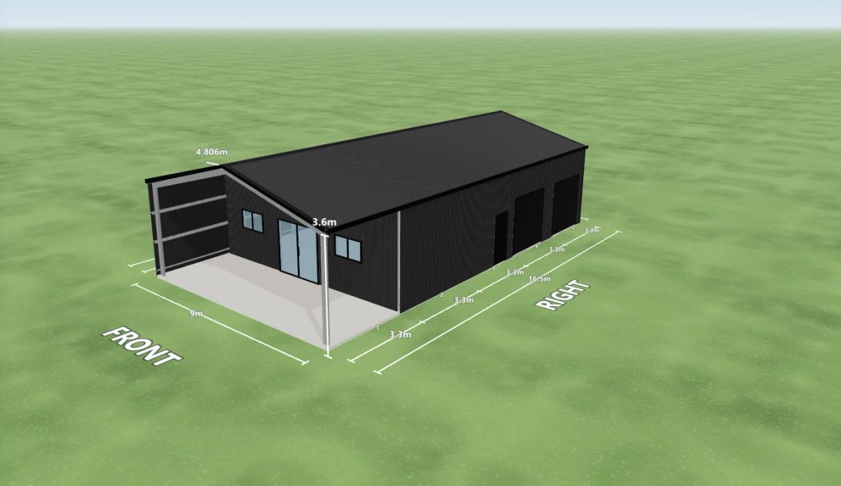 Man cave 9 m wide by 16.5 m long with 3.6 m walls, two Night Sky roller doors 2.4 m wide and one PA door on the right side, one sliding door and two windows on the internal wall, an open front end, one open bay on the right side, one skylight and two whirlybirds, Monument walls and a Monument gable roof, shown in the Shed Designer 3D configurator.