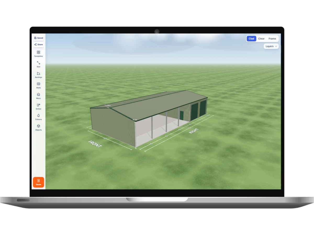 Laptop showing the Shed Designer 3D configurator with a machinery shed 12 m wide by 24 m long with 4.2 m walls, two Cottage Green roller doors 3 m wide on the right side, one PA door on the internal wall and four open bays on the right side, Pale Eucalypt walls and a Pale Eucalypt gable roof.