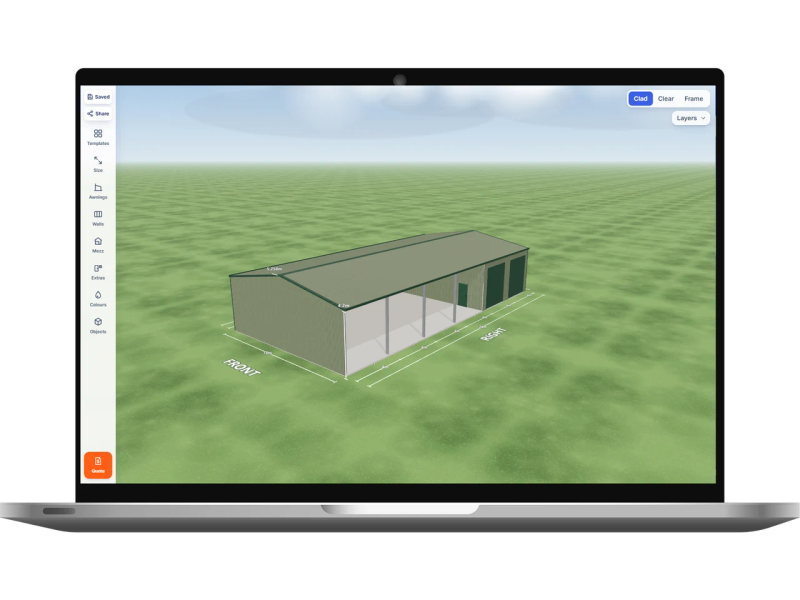 Laptop showing the Shed Designer 3D configurator with a machinery shed 12 m wide by 24 m long with 4.2 m walls, two Cottage Green roller doors 3 m wide on the right side, one PA door on the internal wall and four open bays on the right side, Pale Eucalypt walls and a Pale Eucalypt gable roof.