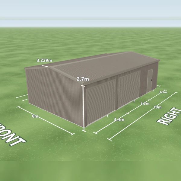 Gully shed in Gully and Gully, two Gully roller doors and one PA door on the right side, on a 6 by 10 metre slab.