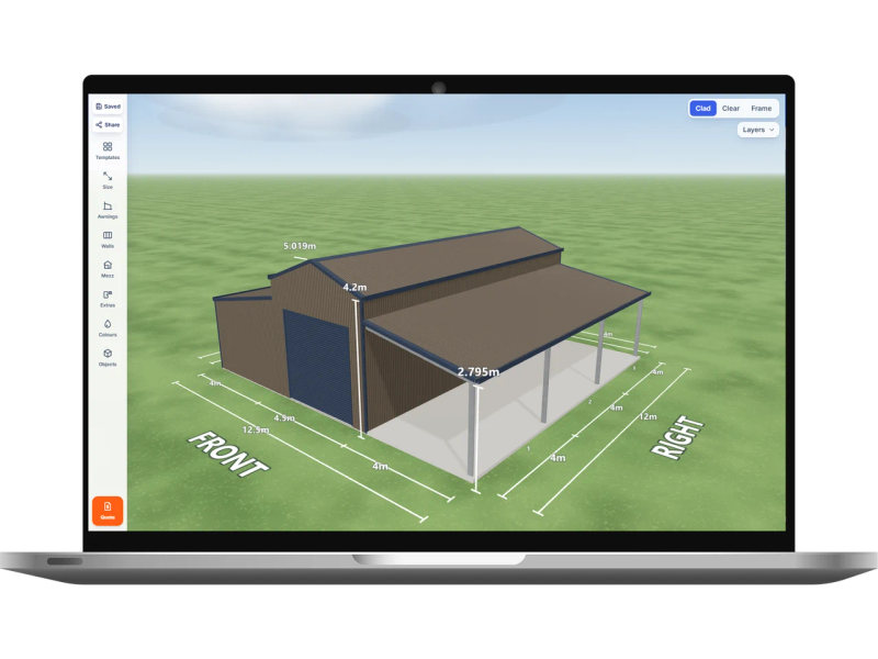 Laptop showing the Shed Designer 3D configurator with a horse stable 4.5 m wide by 12 m long with 4.2 m walls, one Deep Ocean roller door 3.3 m wide on the front, one PA door on the left side, a 4 m enclosed awning down the left side and a 4 m open awning down the right side, Jasper walls and a Jasper American barn roof.