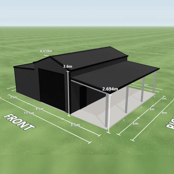 Campervan shed in Monument and Monument, one Night Sky roller door 3.3 m wide on the front, one PA door on the right side, a 3.5 m enclosed awning down the left side and a 3.5 m open awning down the right side, on a 4.5 by 9 metre slab.