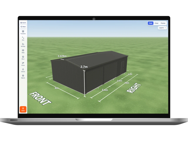 Laptop showing the Shed Designer 3D configurator with a Woodland Grey shed 6 m wide by 10 m long with 2.7 m walls, two Woodland Grey roller doors and one PA door on the right side, Woodland Grey walls and a Woodland Grey gable roof.