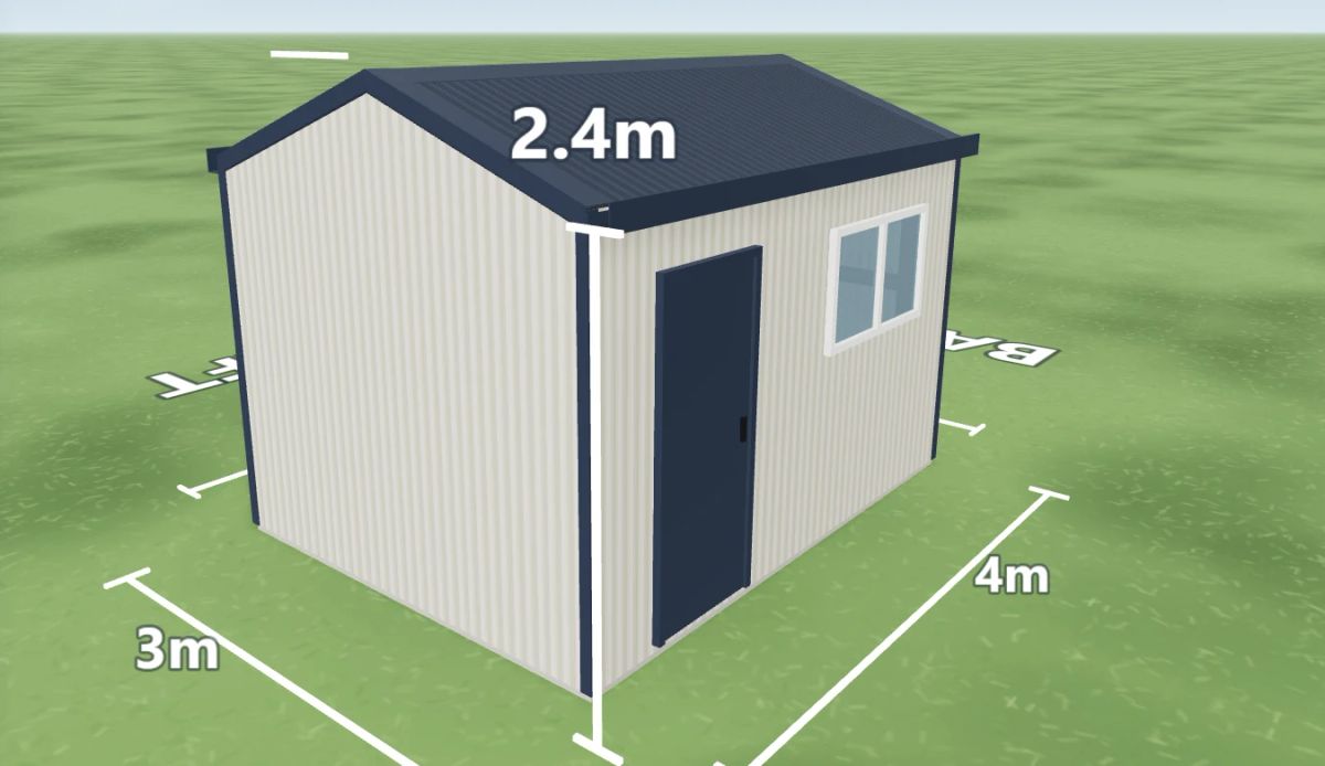 Garden shed 3 m wide by 4 m long with 2.4 m walls, one PA door on the left side and one PA door and one window on the right side, Surfmist walls and a Deep Ocean gable roof, shown in the Shed Designer 3D configurator.