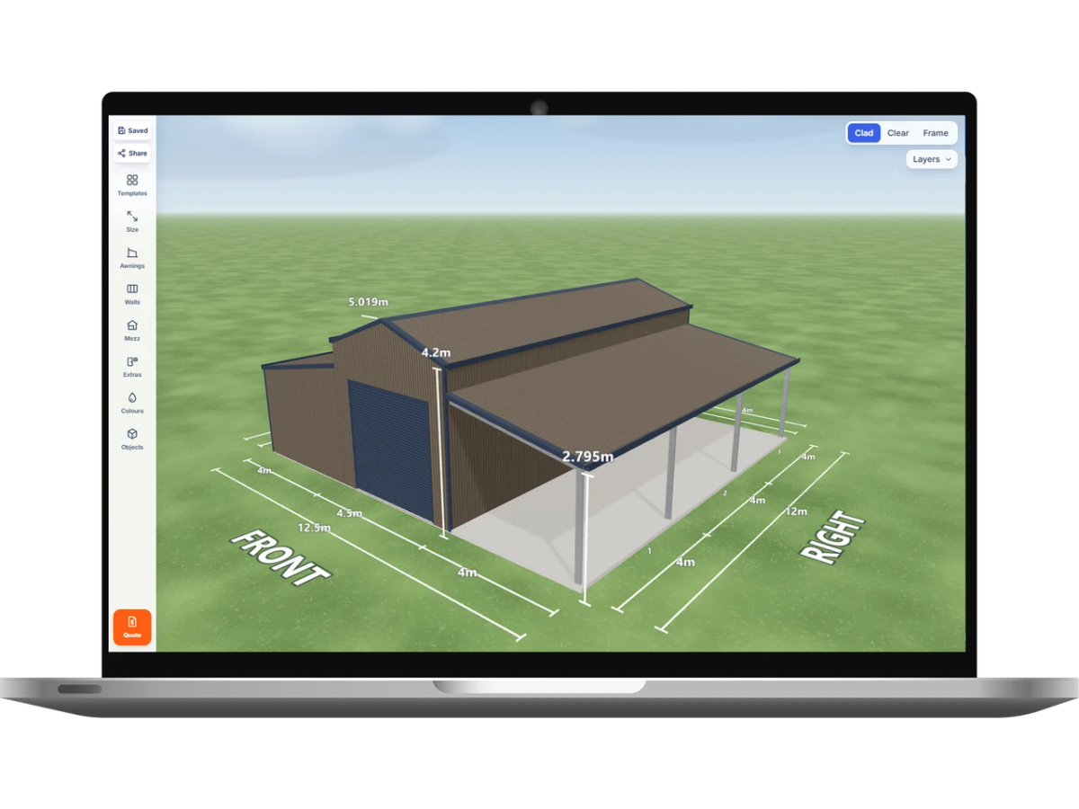 Laptop showing the Shed Designer 3D configurator with a horse barn 4.5 m wide by 12 m long with 4.2 m walls, one Deep Ocean roller door 3.3 m wide on the front, one PA door on the left side, a 4 m enclosed awning down the left side and a 4 m open awning down the right side, Jasper walls and a Jasper American barn roof.