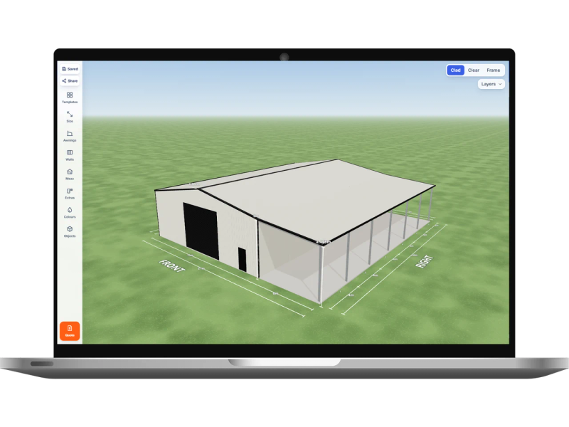 Laptop showing the Shed Designer 3D configurator with a industrial shed 15 m wide by 24 m long with 5 m walls, two Night Sky roller doors, two PA doors and two windows on the right side, one Night Sky roller door 5 m wide and one PA door on the front, one PA door on the left side and a 6 m open awning down the right side, Surfmist walls and a Surfmist gable roof.