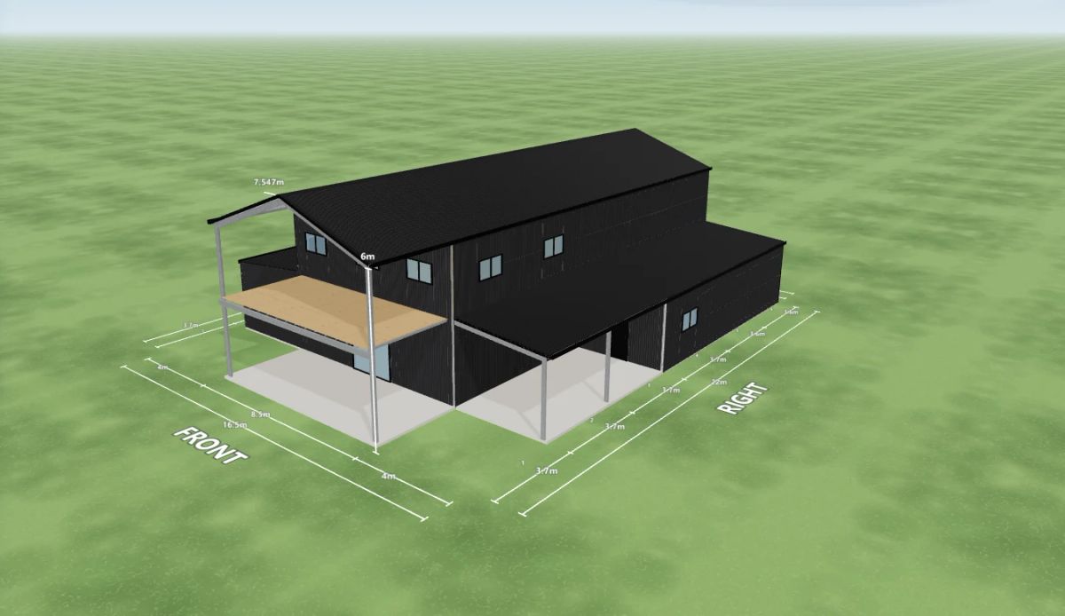 Shed house 8.5 m wide by 22 m long with 6 m walls, one sliding door, one PA door and three windows on the internal wall, three windows on the right side, a 4 m enclosed awning over five bays down the left side, a 4 m enclosed awning over five bays down the right side, an open front end and five mezzanine floors, Monument walls and a Night Sky gable roof, shown in the Shed Designer 3D configurator.