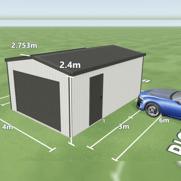 Car garage in Dover White and Woodland Grey, one Woodland Grey roller door 3 m wide on the front, one PA door on the rear and one PA door on the right side, on a 4 by 6 metre slab.