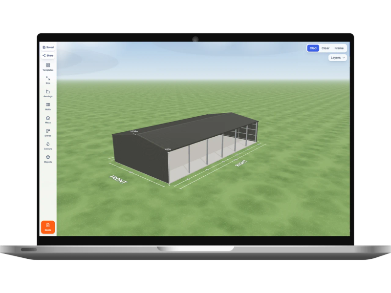 Laptop showing the Shed Designer 3D configurator with a open front farm shed 12 m wide by 24 m long with 4.2 m walls, six open bays on the right side, Woodland Grey walls and a Woodland Grey gable roof.