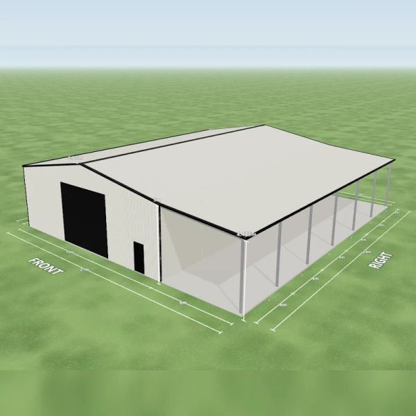 Industrial shed in Surfmist and Surfmist, two Night Sky roller doors, two PA doors and two windows on the right side, one Night Sky roller door 5 m wide and one PA door on the front, one PA door on the left side and a 6 m open awning down the right side, on a 15 by 24 metre slab.