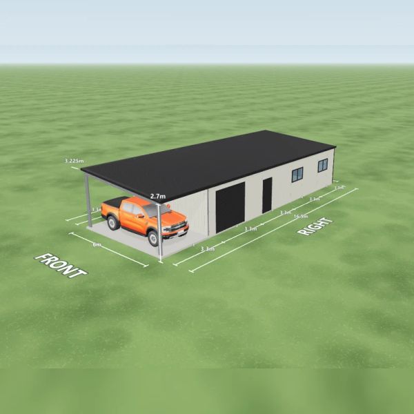 Workshop shed in Surfmist and Monument, one Monument roller door 2.4 m wide, one PA door and two windows on the right side, one PA door on the rear, an open front end, one open bay on the left side and one open bay on the right side, on a 6 by 16.5 metre slab.