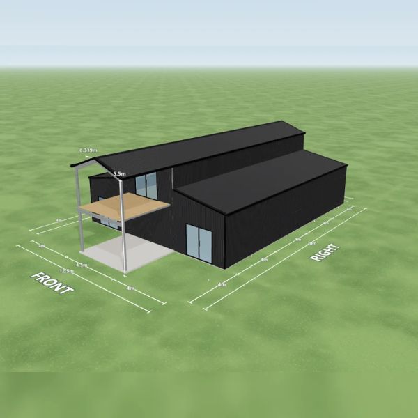 Barndominium in Monument and Monument, one sliding door on the internal wall, one sliding door on the right awning end, one sliding door on the left awning end, a 4 m enclosed awning over four bays down the left side, a 4 m enclosed awning over four bays down the right side, an open front end and five mezzanine floors, on a 4.5 by 20 metre slab.