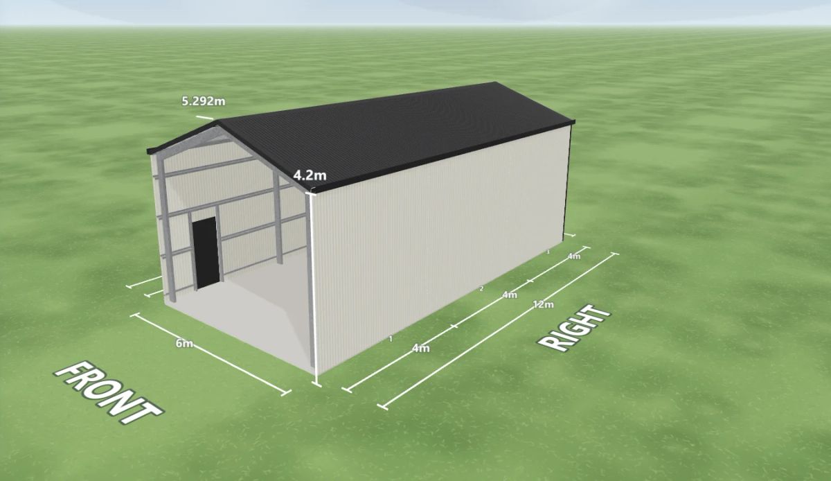 Boat shed 6 m wide by 12 m long with 4.2 m walls, one PA door on the left side and an open front end, Surfmist walls and a Monument gable roof, shown in the Shed Designer 3D configurator.