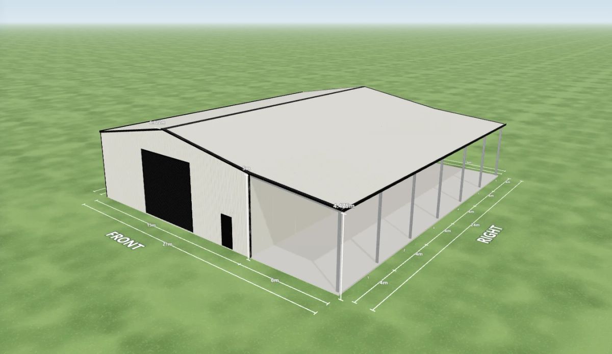 Industrial shed 15 m wide by 24 m long with 5 m walls, two Night Sky roller doors, two PA doors and two windows on the right side, one Night Sky roller door 5 m wide and one PA door on the front, one PA door on the left side and a 6 m open awning down the right side, Surfmist walls and a Surfmist gable roof, shown in the Shed Designer 3D configurator.