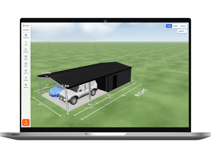 Laptop showing the Shed Designer 3D configurator with a garaport 6 m wide by 6 m long with 2.4 m walls, two Night Sky roller doors on the front, one PA door on the right side and a two bays open garaport on the front, Monument walls and a Night Sky gable roof.