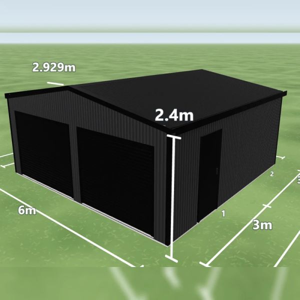 Double garage in Monument and Night Sky, two Night Sky roller doors on the front and one PA door on the right side, on a 6 by 6 metre slab.