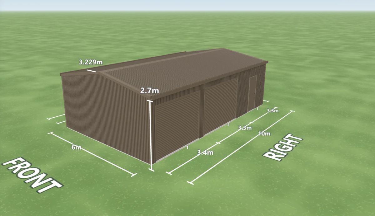 Jasper shed 6 m wide by 10 m long with 2.7 m walls, two Jasper roller doors and one PA door on the right side, Jasper walls and a Jasper gable roof, shown in the Shed Designer 3D configurator.