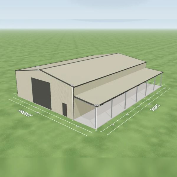 Warehouse shed in Evening Haze and Evening Haze, two Woodland Grey roller doors 3.6 m wide, two PA doors and two windows on the right side, one Woodland Grey roller door 5 m wide and one PA door on the front, one PA door on the left side and a 4 m open awning down the right side, on a 15 by 24 metre slab.