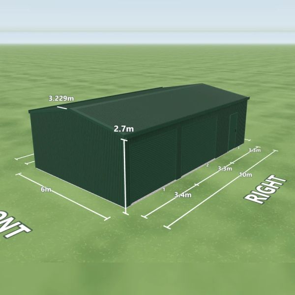 Cottage Green shed in Cottage Green and Cottage Green, two Cottage Green roller doors and one PA door on the right side, on a 6 by 10 metre slab.