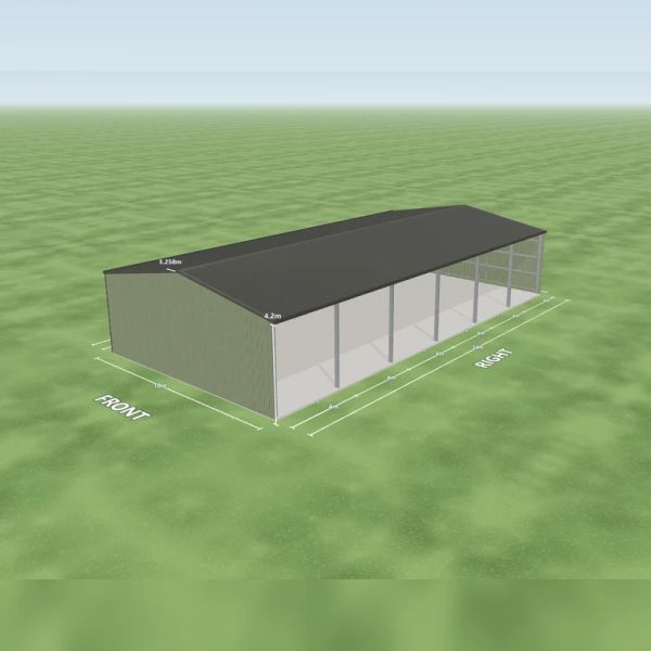 Hay shed in Pale Eucalypt and Woodland Grey, six open bays on the right side, on a 12 by 24 metre slab.
