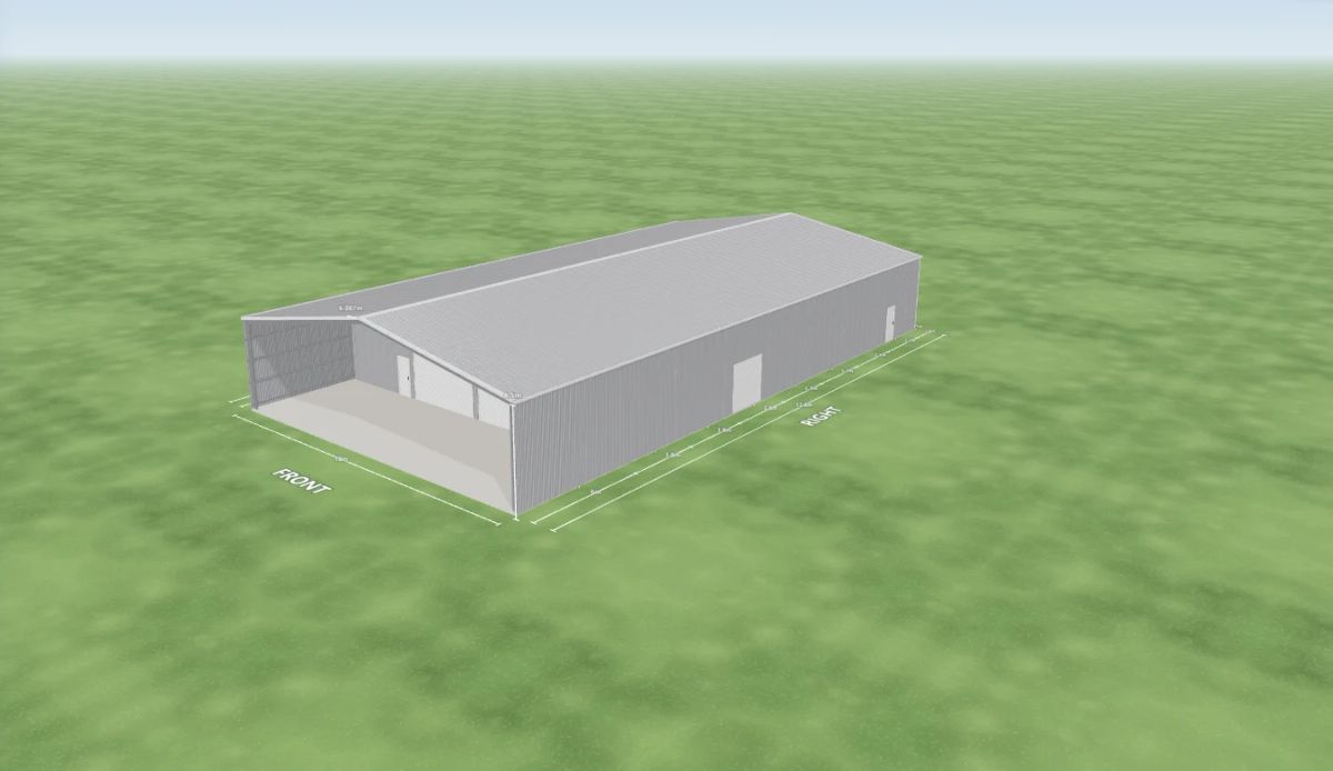 Grain storage shed 18 m wide by 33.8 m long with 4.5 m walls, two Zincalume roller doors 4.2 m wide and one PA door on the internal wall, one Zincalume roller door 2.4 m wide and one PA door on the right side and an open front end, Zincalume walls and a Zincalume gable roof, shown in the Shed Designer 3D configurator.