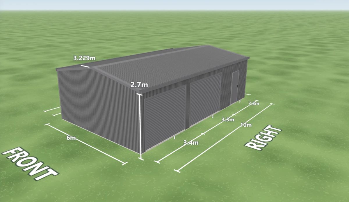 Basalt shed 6 m wide by 10 m long with 2.7 m walls, two Basalt roller doors and one PA door on the right side, Basalt walls and a Basalt gable roof, shown in the Shed Designer 3D configurator.