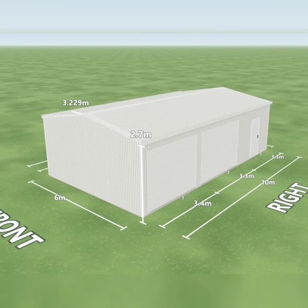 Dover White shed in Dover White and Dover White, two Dover White roller doors and one PA door on the right side, on a 6 by 10 metre slab.
