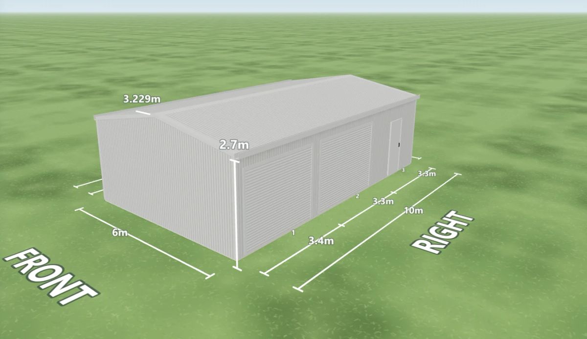 Shale Grey shed 6 m wide by 10 m long with 2.7 m walls, two Shale Grey roller doors and one PA door on the right side, Shale Grey walls and a Shale Grey gable roof, shown in the Shed Designer 3D configurator.