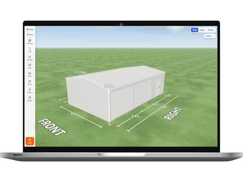 Laptop showing the Shed Designer 3D configurator with a Dover White shed 6 m wide by 10 m long with 2.7 m walls, two Dover White roller doors and one PA door on the right side, Dover White walls and a Dover White gable roof.