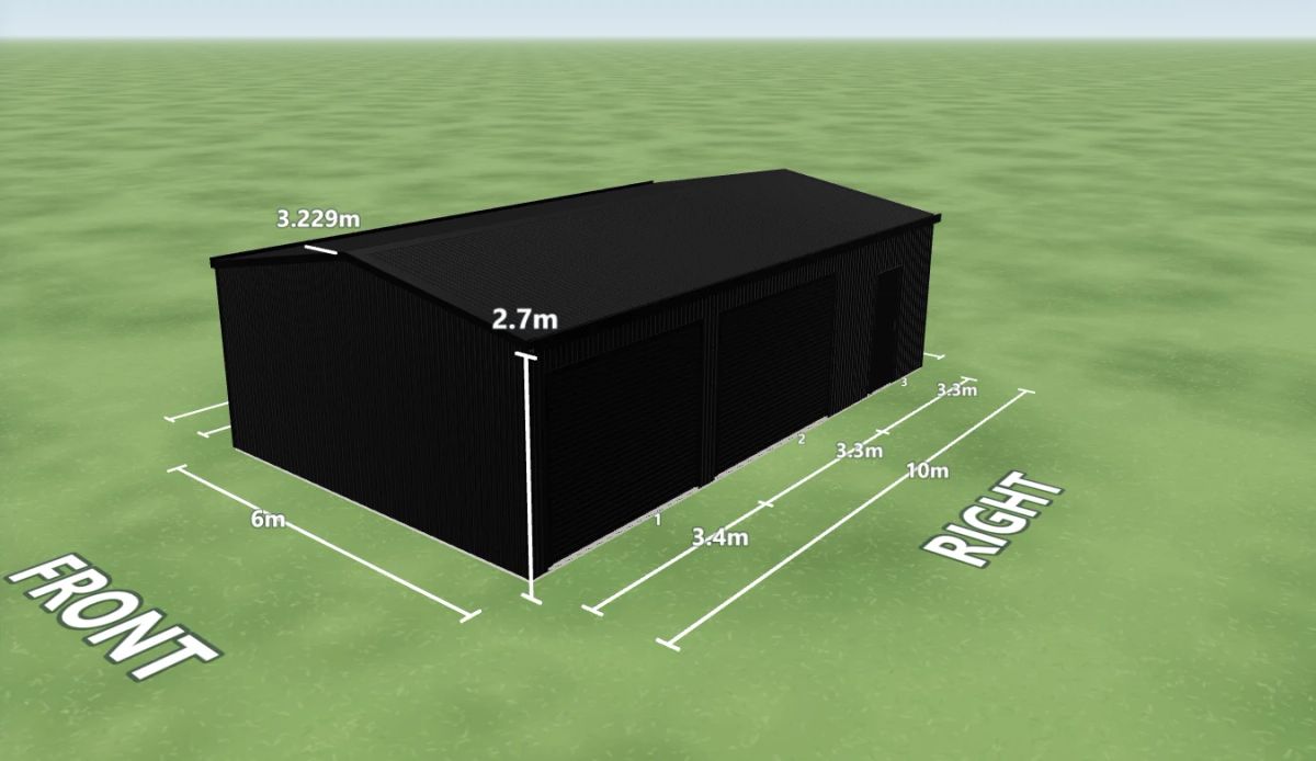 Night Sky shed 6 m wide by 10 m long with 2.7 m walls, two Night Sky roller doors and one PA door on the right side, Night Sky walls and a Night Sky gable roof, shown in the Shed Designer 3D configurator.