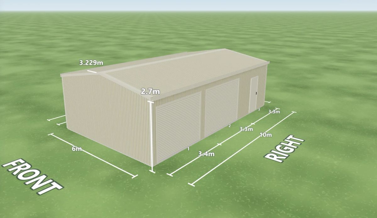 Evening Haze shed 6 m wide by 10 m long with 2.7 m walls, two Evening Haze roller doors and one PA door on the right side, Evening Haze walls and an Evening Haze gable roof, shown in the Shed Designer 3D configurator.