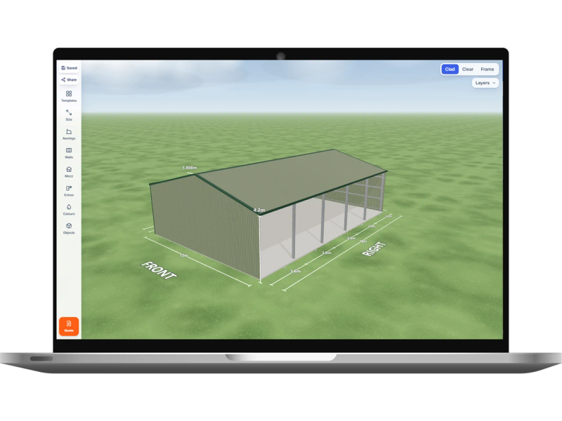 Laptop showing the Shed Designer 3D configurator with a rural shed 12 m wide by 18 m long with 4.2 m walls, five open bays on the right side, Pale Eucalypt walls and a Pale Eucalypt gable roof.