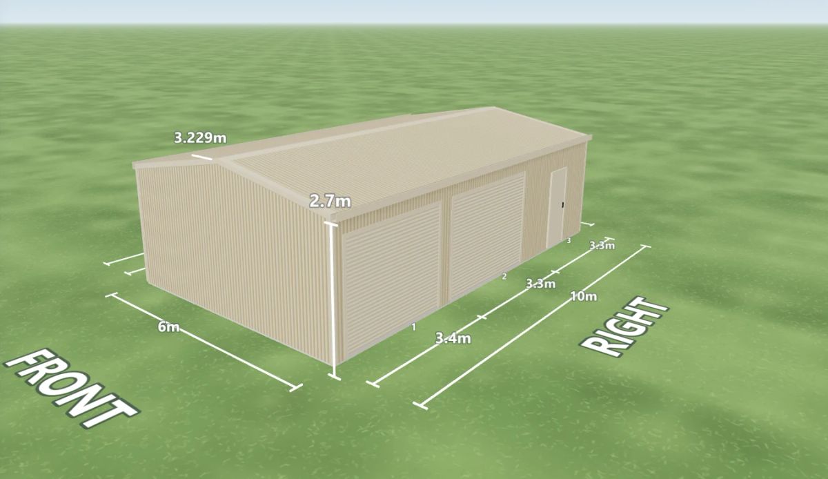Paperbark shed 6 m wide by 10 m long with 2.7 m walls, two Paperbark roller doors and one PA door on the right side, Paperbark walls and a Paperbark gable roof, shown in the Shed Designer 3D configurator.