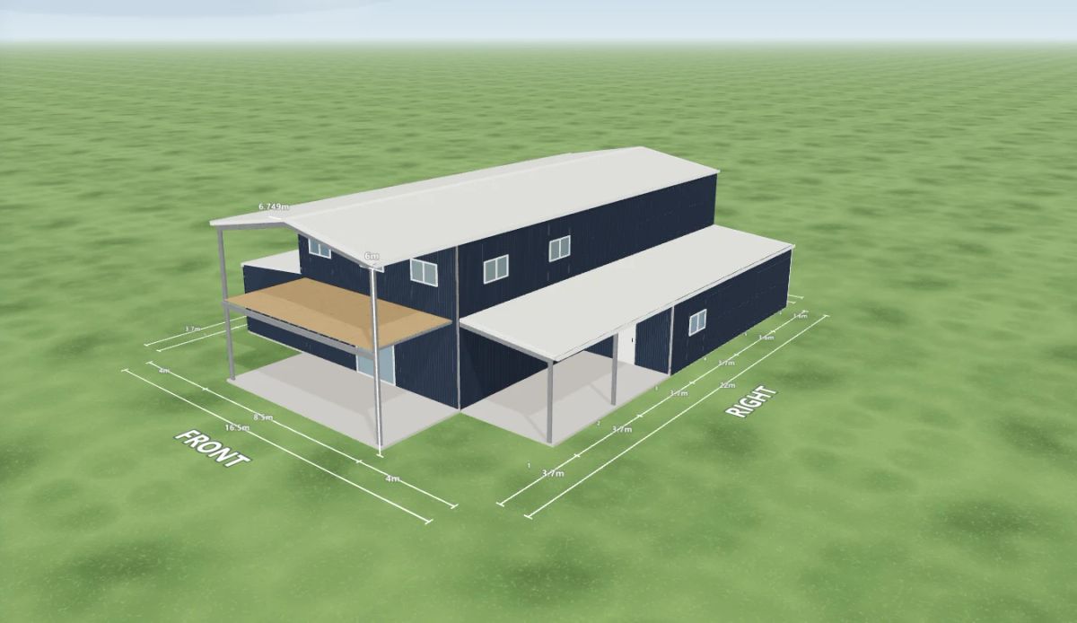 Kit home 8.5 m wide by 22 m long with 6 m walls, one sliding door, one PA door and three windows on the internal wall, three windows on the right side, a 4 m enclosed awning over five bays down the left side, a 4 m enclosed awning over five bays down the right side, an open front end and five mezzanine floors, Deep Ocean walls and a Dover White gable roof, shown in the Shed Designer 3D configurator.