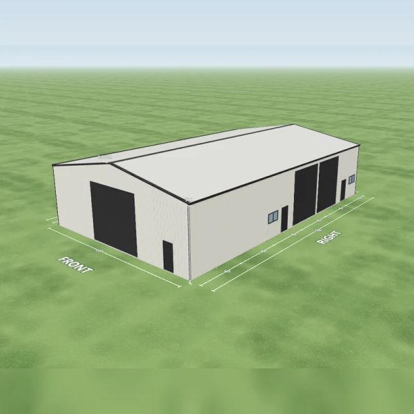 Factory shed in Surfmist and Dover White, two Monument roller doors, two PA doors and two windows on the right side, one Monument roller door 5 m wide and one PA door on the front and one PA door on the left side, on a 15 by 24 metre slab.