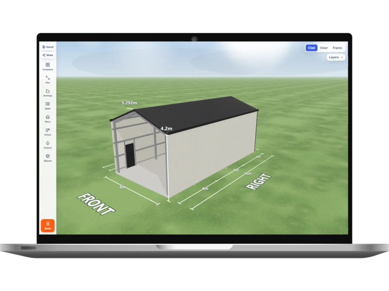 Laptop showing the Shed Designer 3D configurator with a boat shed 6 m wide by 12 m long with 4.2 m walls, one PA door on the left side and an open front end, Surfmist walls and a Monument gable roof.