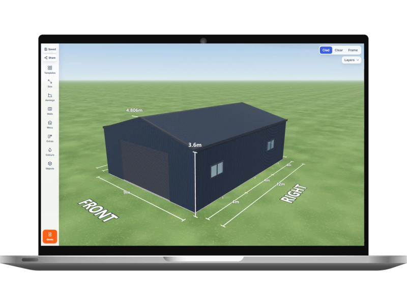 Laptop showing the Shed Designer 3D configurator with a gable roof shed 9 m wide by 12 m long with 3.6 m walls, one Ironstone roller door 5 m wide on the front, one PA door on the left side, two windows on the right side, one skylight and two whirlybirds, Deep Ocean walls and a Deep Ocean gable roof.