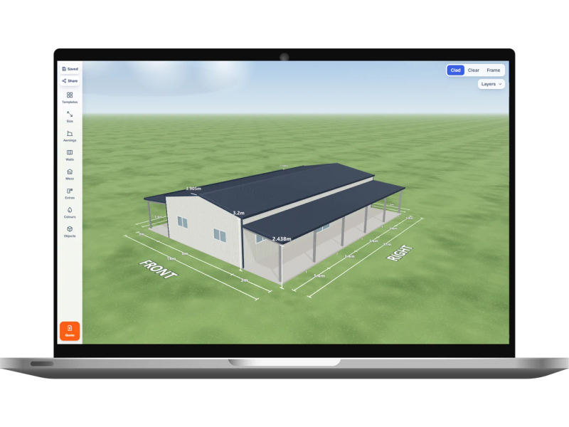 Laptop showing the Shed Designer 3D configurator with a class 1a liveable shed 8 m wide by 17 m long with 3.2 m walls, one sliding door and four windows on the right side, two windows on the front, a 3 m open awning down the left side and a 3 m open awning down the right side, Dover White walls and a Deep Ocean gable roof.
