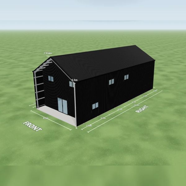 Shouse in Night Sky and Night Sky, one sliding door and two windows on the internal wall, three windows on the right side, an open front end and five mezzanine floors, on a 8.5 by 19.8 metre slab.