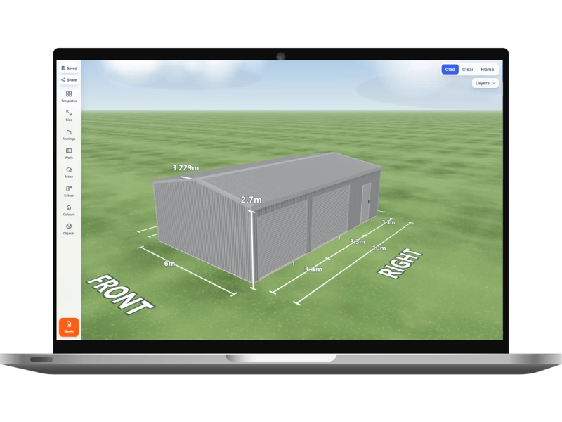 Laptop showing the Shed Designer 3D configurator with a Bluegum shed 6 m wide by 10 m long with 2.7 m walls, two Bluegum roller doors and one PA door on the right side, Bluegum walls and a Bluegum gable roof.