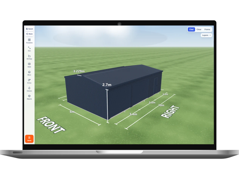 Laptop showing the Shed Designer 3D configurator with an Ironstone shed 6 m wide by 10 m long with 2.7 m walls, two Deep Ocean roller doors and one PA door on the right side, Deep Ocean walls and a Deep Ocean gable roof.