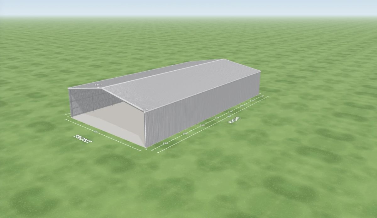 Open gable farm shed 16 m wide by 30 m long with 4.5 m walls, an open front end and an open rear end, Zincalume walls and a Zincalume gable roof, shown in the Shed Designer 3D configurator.