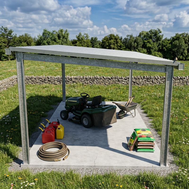 An open-sided 3-bay farm shed with a skillion roof, containing a ride-on mower, wheelbarrow, and gardening equipment.