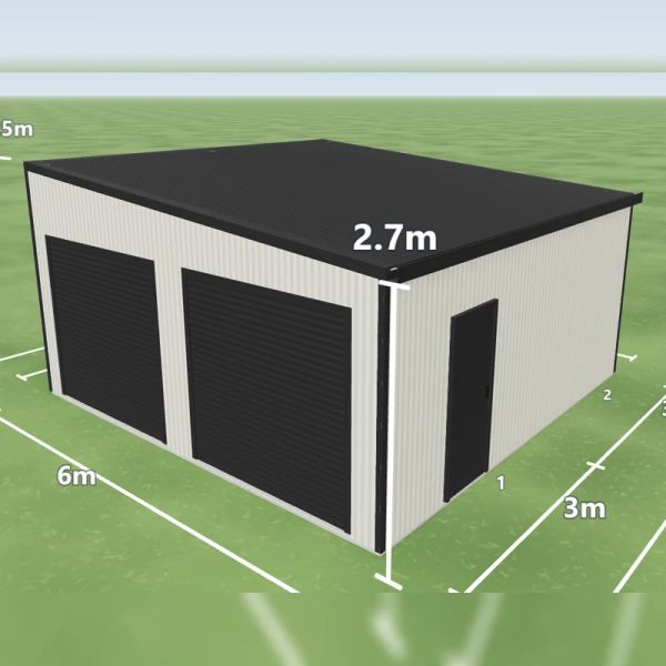 Skillion roof shed in Surfmist and Monument, two Monument roller doors 2.4 m wide on the front, one PA door on the left side and one PA door on the right side, on a 6 by 6 metre slab.