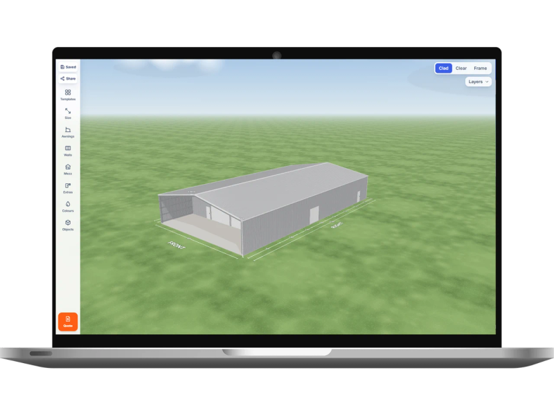 Laptop showing the Shed Designer 3D configurator with a grain storage shed 18 m wide by 33.8 m long with 4.5 m walls, two Zincalume roller doors 4.2 m wide and one PA door on the internal wall, one Zincalume roller door 2.4 m wide and one PA door on the right side and an open front end, Zincalume walls and a Zincalume gable roof.