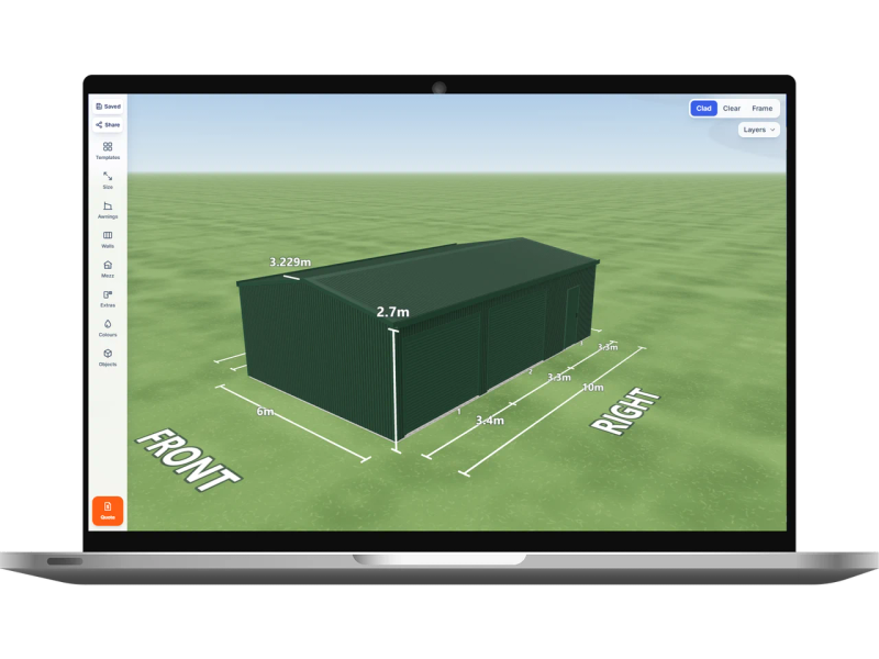 Laptop showing the Shed Designer 3D configurator with a Cottage Green shed 6 m wide by 10 m long with 2.7 m walls, two Cottage Green roller doors and one PA door on the right side, Cottage Green walls and a Cottage Green gable roof.