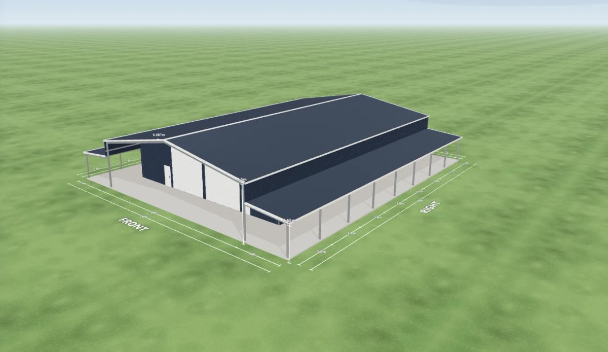 Dairy shed 18 m wide by 30 m long with 4.5 m walls, two Dover White roller doors 4.2 m wide and two PA doors on the internal wall, a 4 m open awning down the left side, a 4 m open awning down the right side, an open front end and an open rear end, Deep Ocean walls and a Deep Ocean gable roof, shown in the Shed Designer 3D configurator.