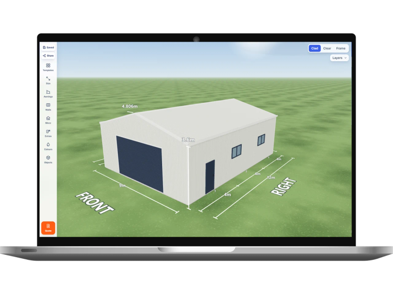 Laptop showing the Shed Designer 3D configurator with a sheds with solar 9 m wide by 12 m long with 3.6 m walls, one Deep Ocean roller door 5 m wide on the front, one PA door on the left side, one PA door and two windows on the right side, one skylight and two whirlybirds, Dover White walls and a Dover White gable roof.