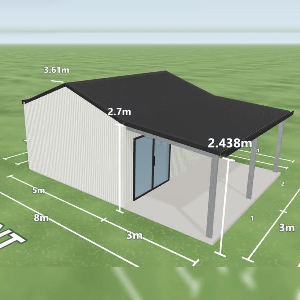 She shed in Dover White and Monument, one sliding door and one window on the right side, one PA door on the left side and a 3 m open awning down the right side, on a 5 by 6 metre slab.