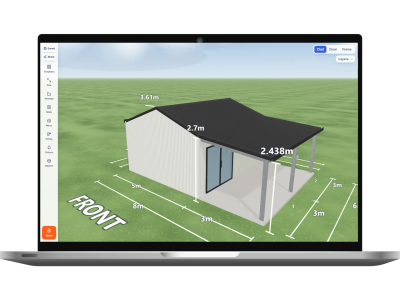 Laptop showing the Shed Designer 3D configurator with a she shed 5 m wide by 6 m long with 2.7 m walls, one sliding door and one window on the right side, one PA door on the left side and a 3 m open awning down the right side, Dover White walls and a Monument gable roof.